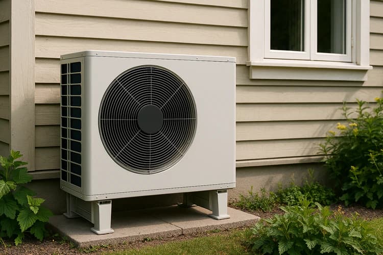 Buitenunit van een lucht-waterwarmtepomp naast een gebouw