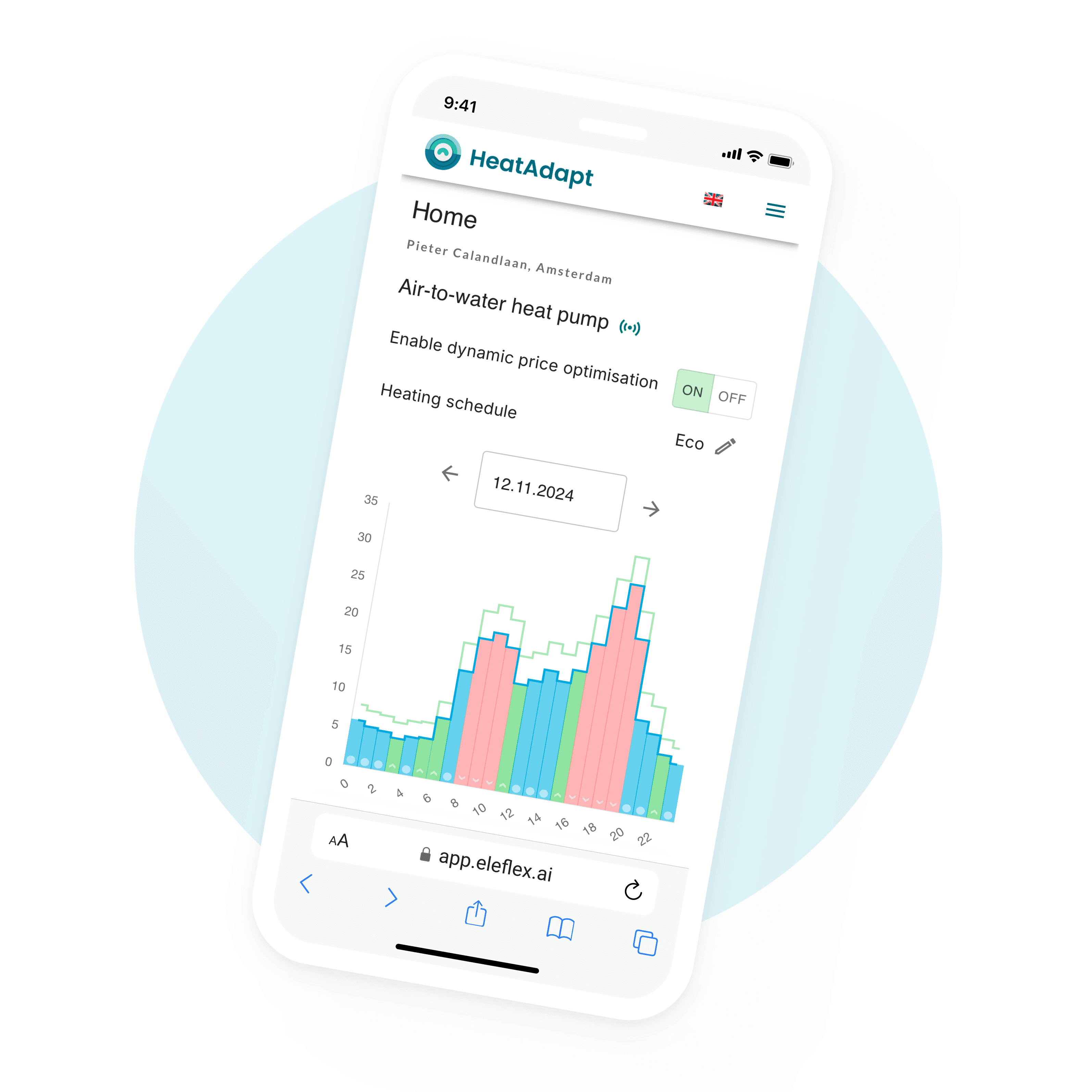 Mobiele HeatAdapt-app met het day-ahead-verwarmingsschema